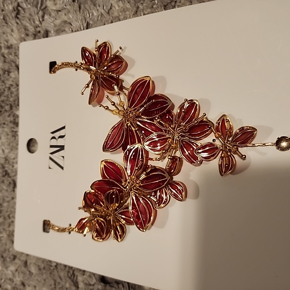 Zara Red and Gold Floral Statement Necklace